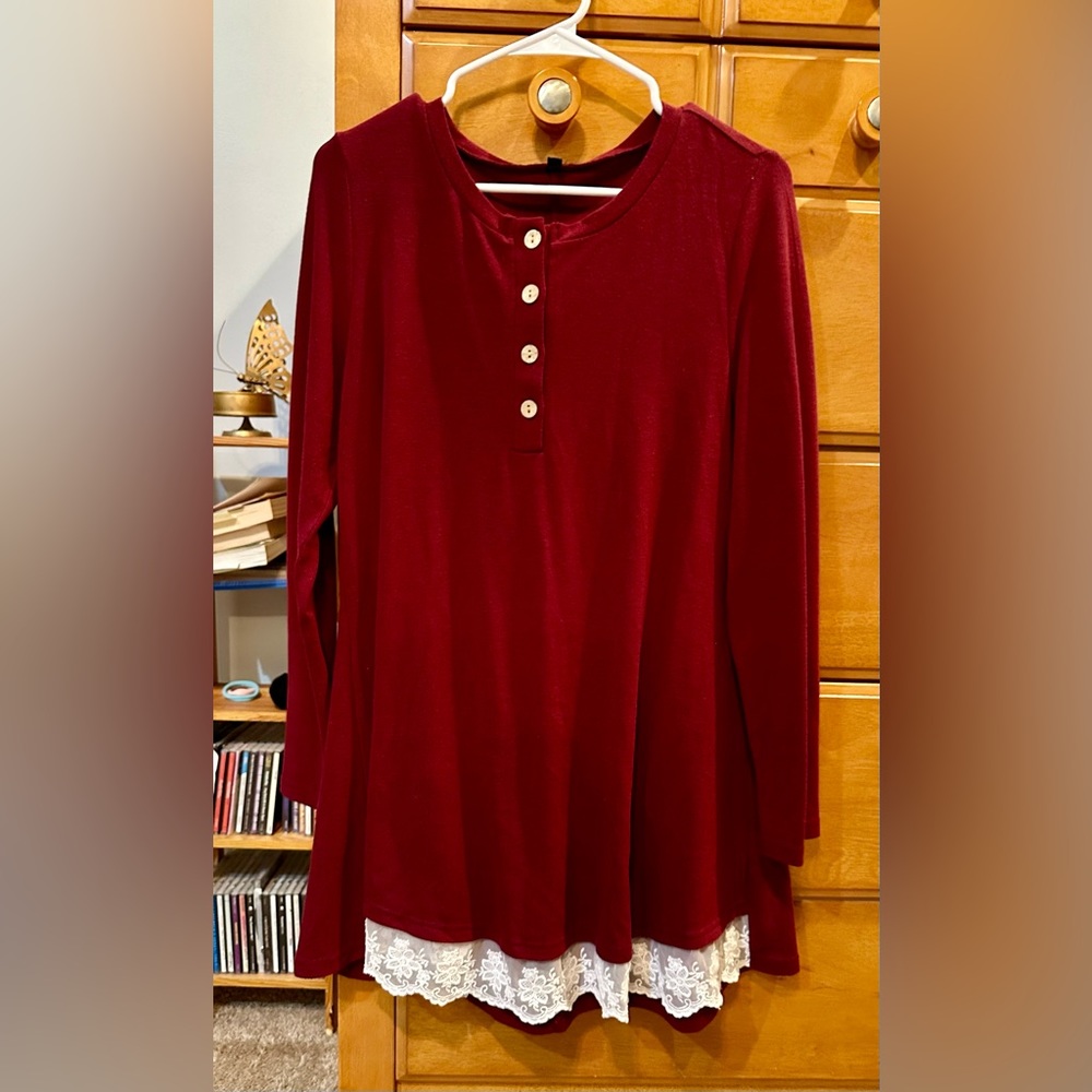 Red Sweater Dress with lace trim. size medium. Like new.